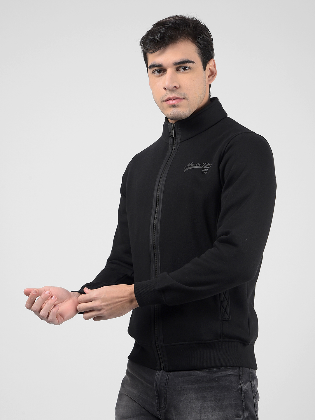 Numero Uno Men Solid Black Front Open Zipper Sweatshirt